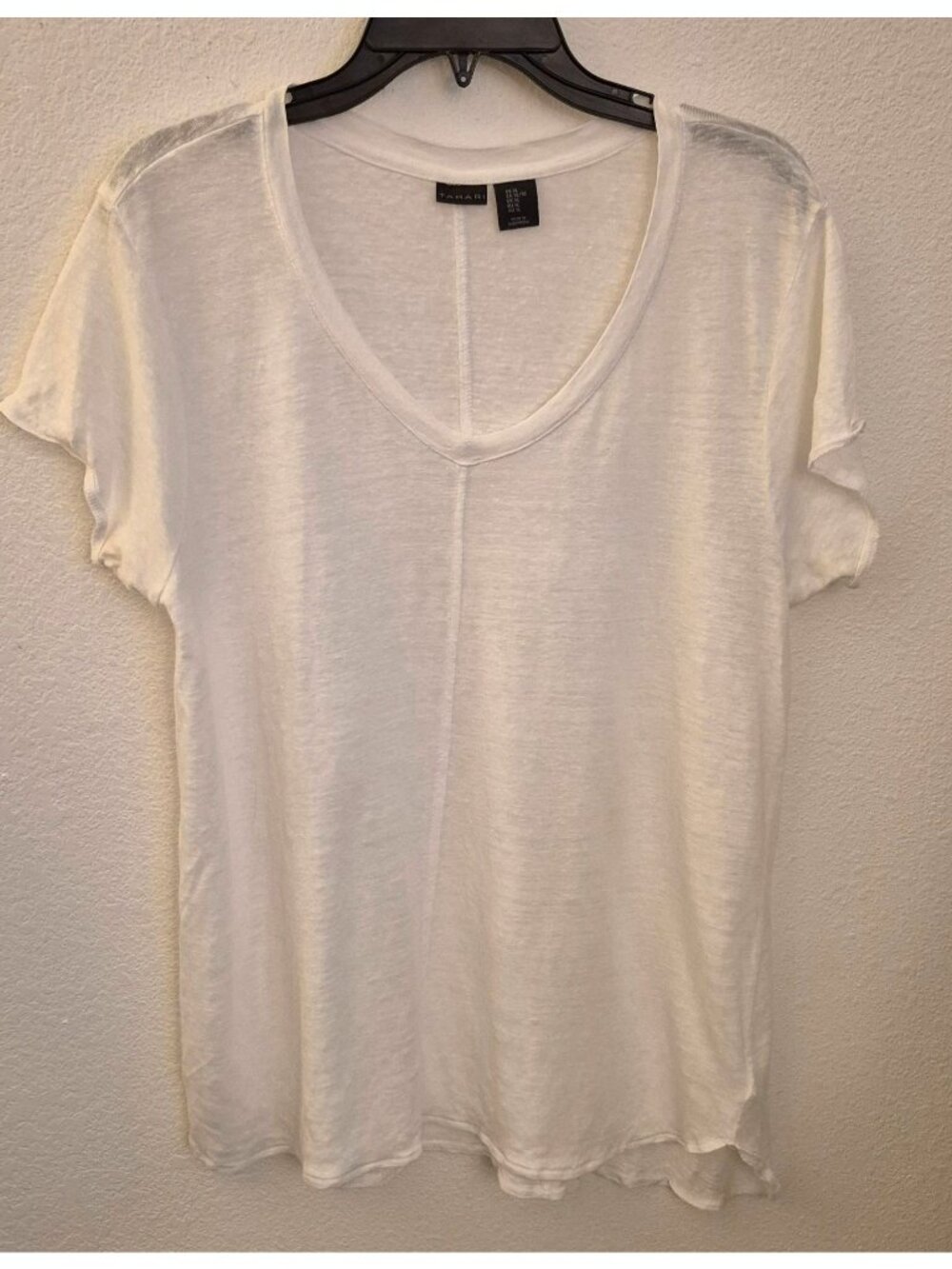 Tahari White 100% Linen V Neck Short Sleeve Tunic Top Size XL EUC